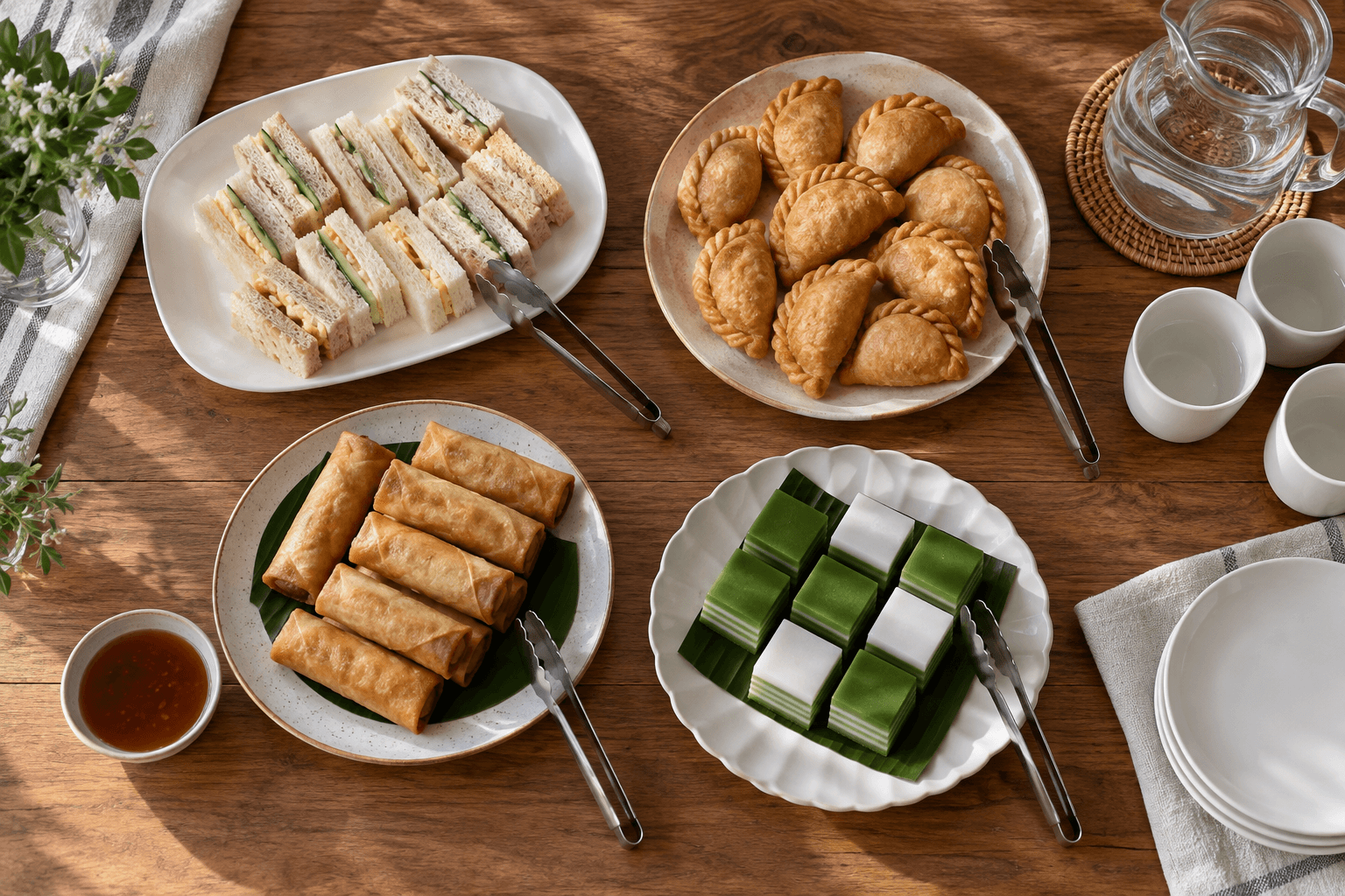 Platters of mini sandwiches, curry puffs, spring rolls and layered kuih beside a jug and cups