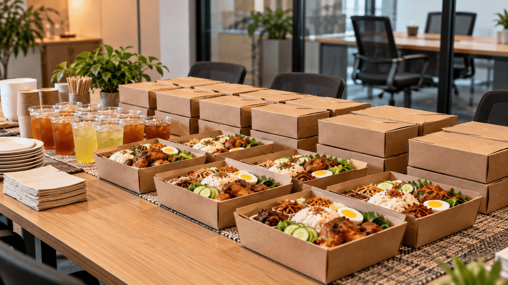 Individual catered meal boxes arranged on a table for a small office lunch.