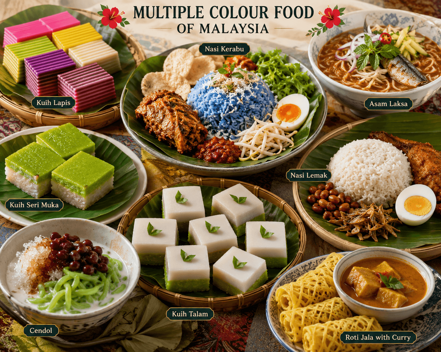 Colorful collage of iconic Malaysian dishes featuring rainbow kuih lapis, blue nasi kerabu, nasi lemak, asam laksa, cendol, kuih seri muka, kuih talam, and roti jala with curry. Arranged on banana leaves and woven trays, celebrating Malaysia's vibrant, multicultural food heritage.