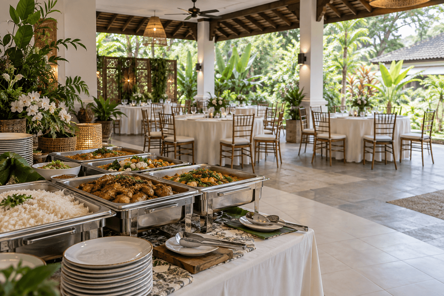 Buffet serving dishes arranged beside flowers and folded white napkins